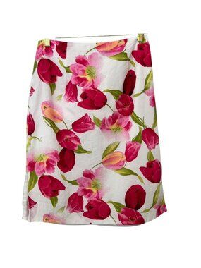 Mica Preppy Midi Pencil Skirt Size 8 Bold Floral Print Pink Cotton Blend Fully L